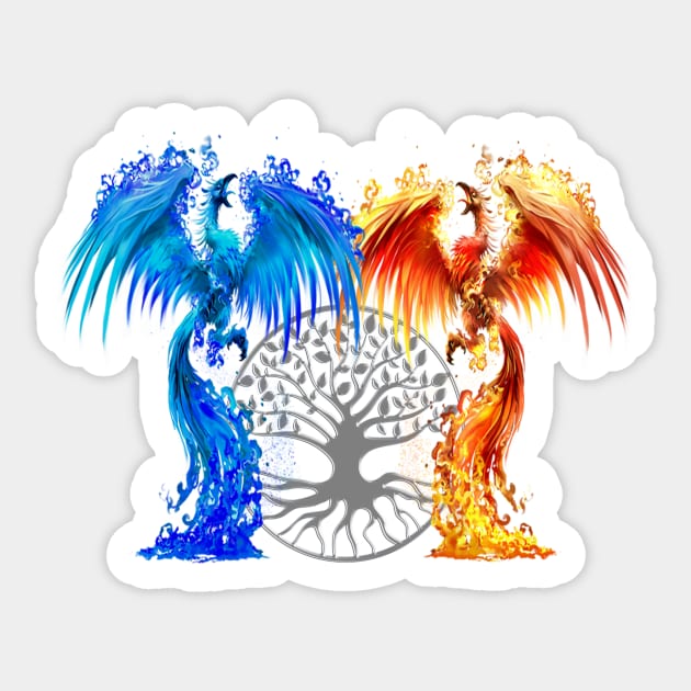 Fantasy Fire And Ice Phoenix Silver Tree Of Life Phoenix Sticker fantasy-fire-and-ice-phoenix-silver-tree-of-life-phoenix-sticker